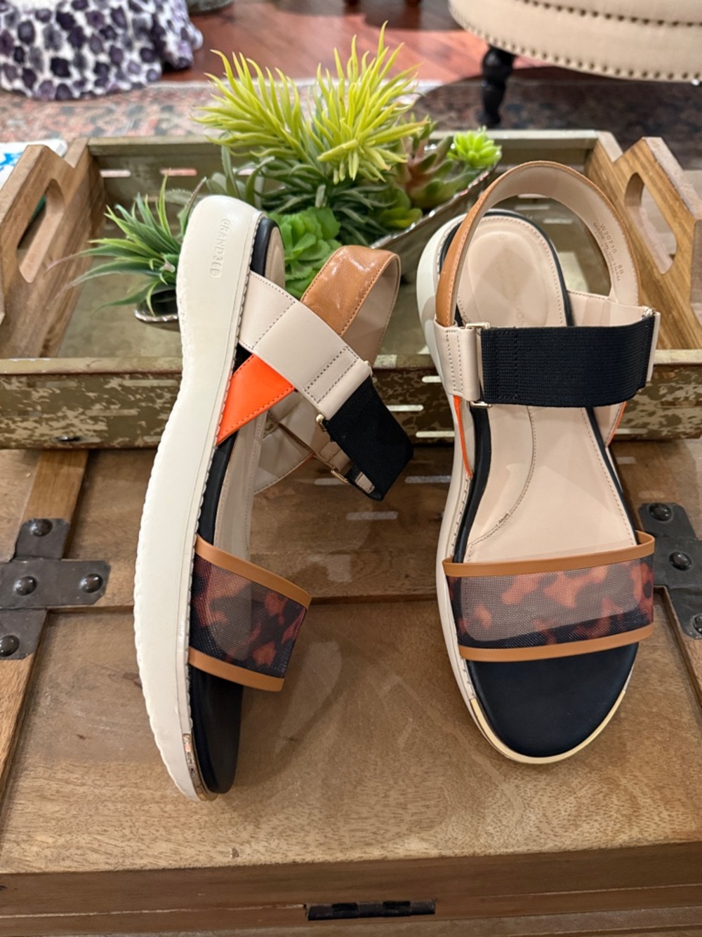 Cole Haan Beige Tan Black & Orange Mixed-Material Sandals